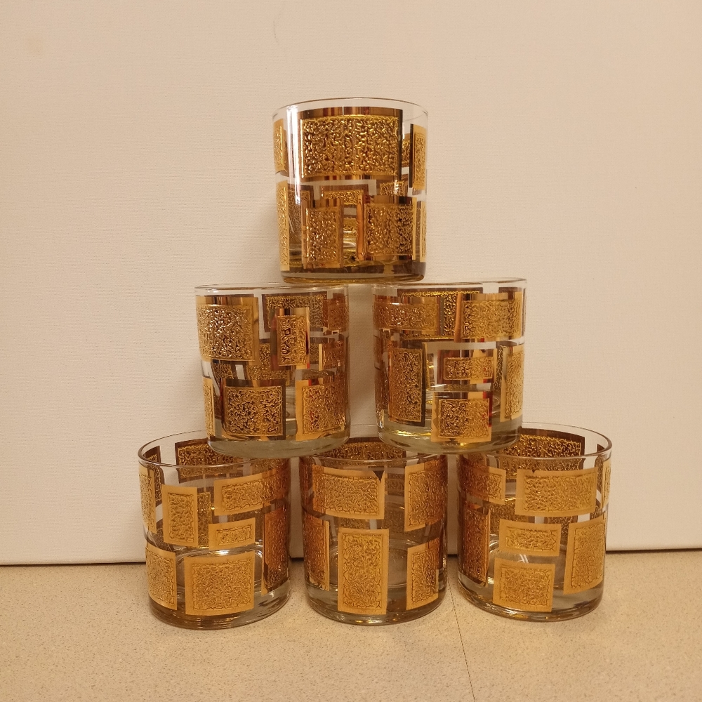 Set 6 Vintage Mid Century Low Ball Glasses Gold